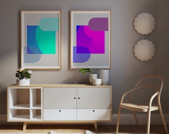 Electric Color Abstract Art Set Of 2, Blue&Pink Graphic, Geometric, Minimalist poster, Trendy wall art, Colorful Poster