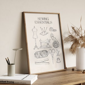 Sewing Essentials Poster, Neutral Abstract Art, Printable Art, Gallery Wall Art, Minimal Prints, Hand Drawing Sketch, Hobby Prints