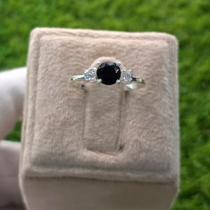 Svart obsidianring, 925 sterlingsilver, CZ-diamant, rund sten