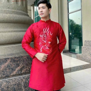 Men Red/gold Gam Ao Dai Top 34-35B| Pre-made Traditional