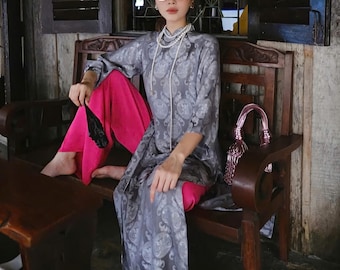 Grey Gam Modernized Ao Dai, ao dai gam, ao dai dang suong, ao dai cach tan, ao dai tet, ao dai for women, vietnamese ao dai