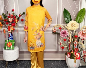 Yellow Kid Ao Dai Set|Vietnamese Ao Dai | Lunar New Year | Ao Dai for Girl | Ao Dai Tet|Ao Dai with Pant|Tet Outfit for Girl|