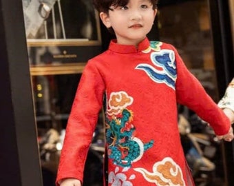 Printed 3D Gam ao dai be trai| pre-made traditional ao dai| ao dai gam be trai| kid ao dai| ao dai tet| lunar new year| Ao dai for boy.