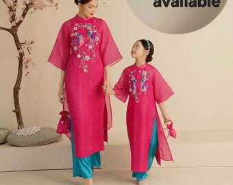 Girl Pink 3D Flower Ao Dai Set|Pre-made Traditional Vietnamese Ao Dai | Lunar New Year | Ao Dai for Girl | Ao Dai Tet