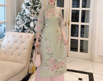 Green 3D Flower Ao Dai Set|Pre-made 3D Flower Modernized Ao Dai|Ao Dai Cach Tan|Ao Dai Tet|Ao Dai For women|Vietnamese Ao Dai|Lunar New Year