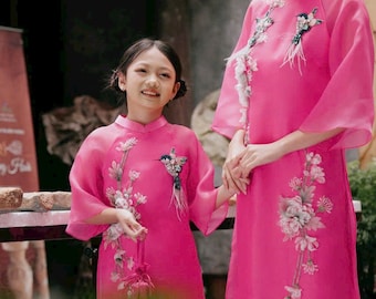 Hot Pink Mom and Daughter Matching Ao Dai Set| Mom & Daughter Matching Ao Dai Set | Ao Dai for Girl, Mom | Ao Dai Tet|