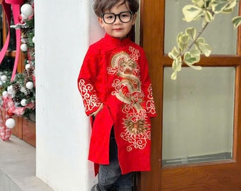 Red Embroidered Ao Dai for Boy | 3D Printed Ao Dai Kid| Kid Ao Dai | Ao Dai For Boy | Baby Ao Dai | Lunar New Year | No Pants