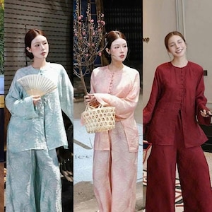 Blue/Burgundy/Pink-Peachy Ao Ba Ba Set| Set Phap Phuc| With Pant|