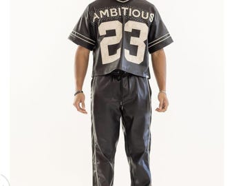 Black PU Men Pant Set|Men Oversize Tshirt|Urban Style| Men Hoodie|Gift for him| Jersey Men Crop Top|Rhinestone Graphic Men Tshirt
