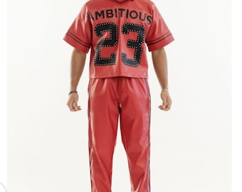 Red PU Men Pant Set|Men Oversize Tshirt|Urban Style| Men Hoodie|Gift for him| Jersey Men Crop Top|Rhinestone Graphic Men Tshirt