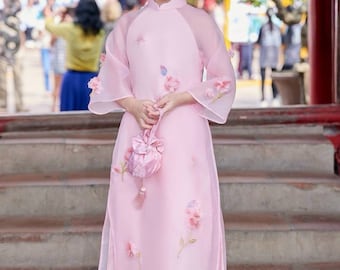 Girl Pink 3D Flower Ao Dai Set|Pre-made Traditional Vietnamese Ao Dai | Lunar New Year | Ao Dai for Girl | Ao Dai Tet