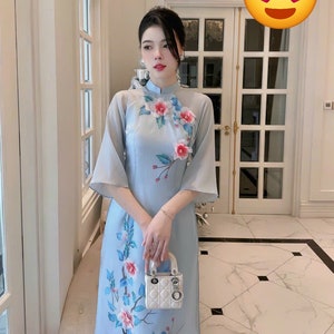 Pre-made Modernized Ao Dai, ao dai dang suong, ao dai cach tan, ao dai tet, ao dai for women, vietnamese ao dai, ao dai mau xanh.