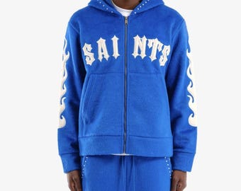 Blue Men Fleece Set |Men Oversize Tshirt|Urban Style| Men Hoodie|Gift for him| Jersey Men Crop Top|Rhinestone Graphic Men Tshirt