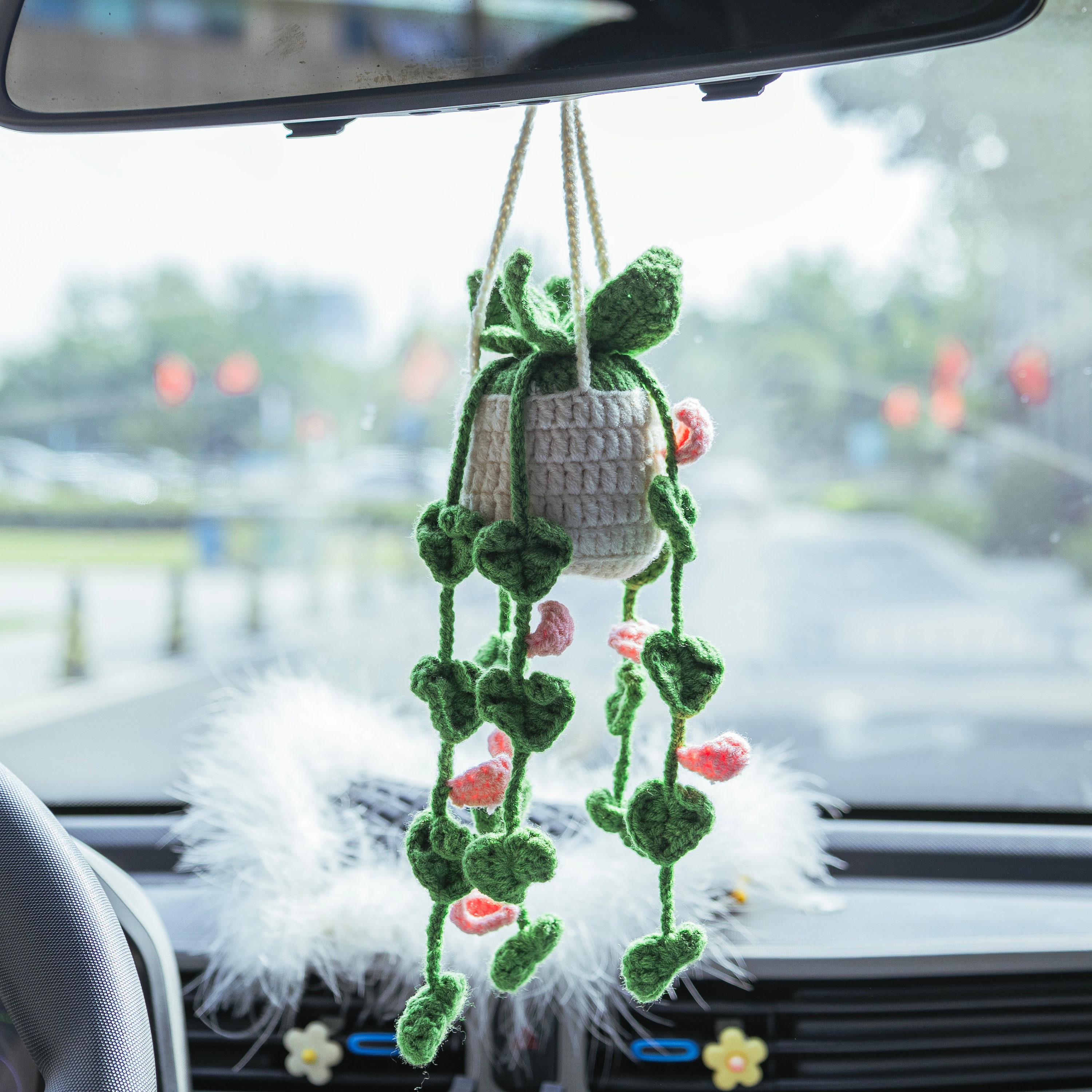  Car Hanging Crochet Potted Plant Rear View Mirror Hanging  Accessories Decor Hanging Basket Car Ornament (Tricolor Flowers) :  Automotive