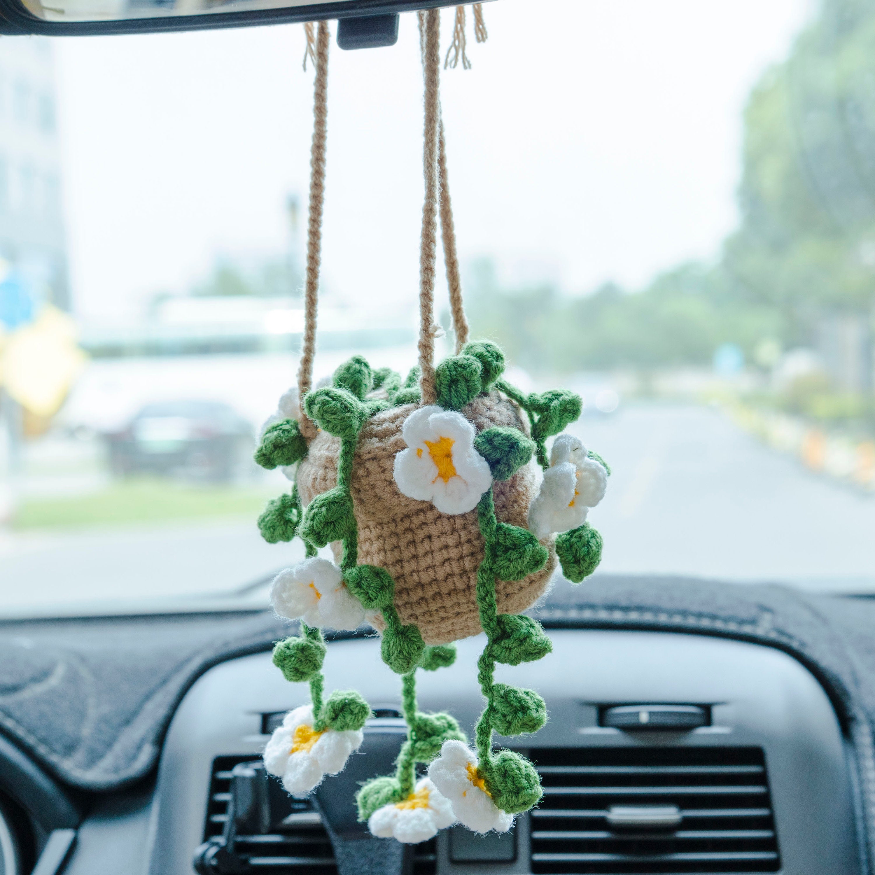 Crochet Hanging Plant for Car, Knitted Plant Car Mirror Hanger, Rear View  Mirror Hanging Accessories, Car Plants for Rear View Mirror Cute Potted