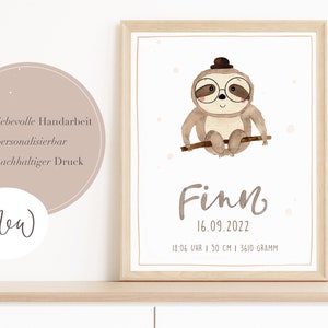 Geburtsposter Faultier | personalisiert | Kinderzimmerbild Faultier | Geburtsgeschenk | Baby | Kinderzimmerdeko