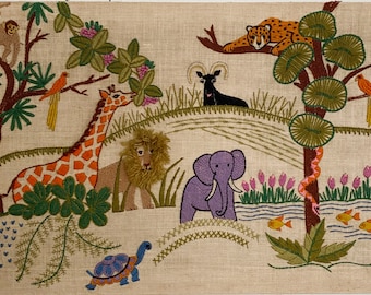 Wonderful Vintage 1960s Crewel Jungle Animals  • 17 x 24