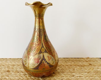 Beautiful Midcentury Etched Indian Brass Ruffled Vase