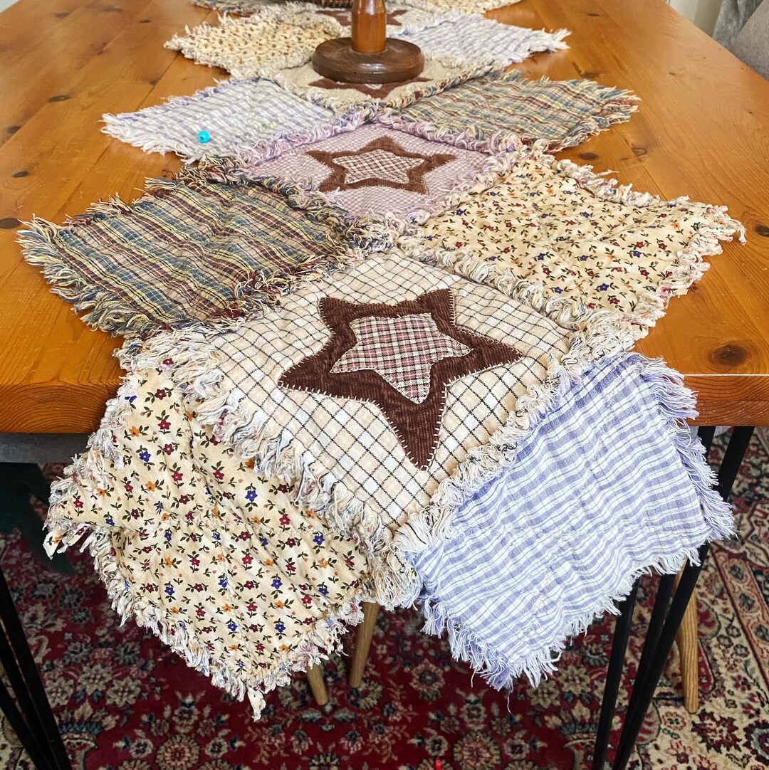 Primitive Country Patchwork Quilted Rag Table Runner 84 Inches Vintage