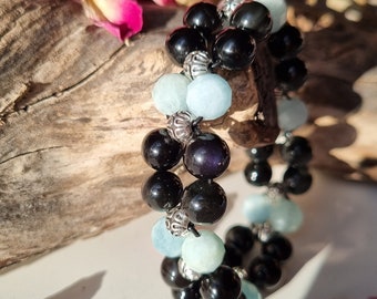 Bracelet Double Obsidienne & Aigue Marine facettée