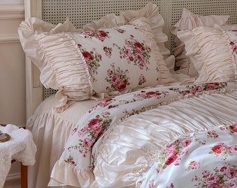 Baroque Rose - French Style Pink Floral 100% Cotton, Bed Skirt, Ruffled Duvet Cover Set 4-pcs, Soft Breathable Cover Full Queen, Bedding Set