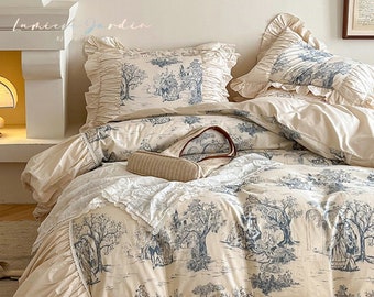 Rose Bleue - French Style Floral 100% Cotton, Bed Skirt, Ruffled Duvet Cover Set 4-pcs, Soft Breathable Cover Full Queen King,Bedding Set