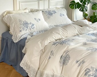 Jardin Secret - French Style Floral 100% Cotton, Bed Skirt, Ruffled Duvet Cover Set 4-piece, Soft Breathable Cover Full Queen, Bedding Set