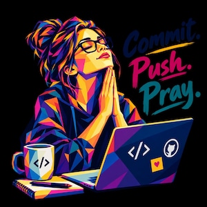 May include: A colorful pop-art illustration of a person with glasses and hair in a bun, hands pressed together in prayer. A laptop with coding stickers, a mug with a code symbol, and a notebook are present. The text reads Commit. Push. Pray.
