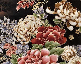 May include: Black fabric with a floral pattern featuring white, gold, red, and pink flowers. The flowers are stylised and have a traditional Japanese design.