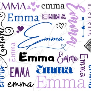 Może przedstawiać: Białe tło z imieniem "Emma" napisanym różnymi czcionkami, kolorami i rozmiarami. Imię jest powtarzane wiele razy i zawiera serca i strzały.