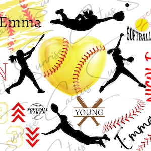 May include: A digital design featuring a softball theme with a heart-shaped softball, a softball player silhouette, and the words "Softball Vibes", "Young", "Emma", and "Nicole".