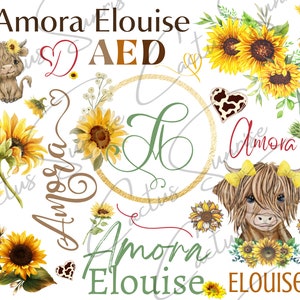 May include: A watercolor illustration featuring a Highland cow with yellow bows, sunflowers, and the names Amora and Eloise. The letters AED are also included in the design.