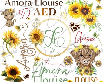 Sunflower Highlands Cow Name Blanket Sublimation Template