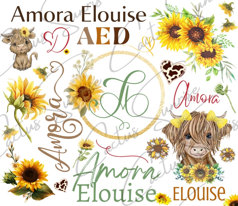 May include: A watercolour illustration featuring a Highland cow with yellow bows, sunflowers, and the names Amora and Eloise. The letters AED are also included in the design.