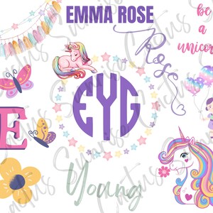 May include: A purple monogram with the letters "EYG" surrounded by a garland of pastel stars. The image also features a unicorn, a butterfly, a flower, and the text "Emma Rose" and "be a unicorn".
