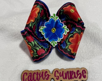 Aztec Mexican theme blue flower double ribbon Hair bow with accent flower