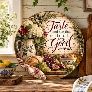 Tagliere rotondo cristiano PNG / Gusta e vedi la Scrittura / Salmo 34:8 Decorazione per la cucina / Design digitale a sublimazione