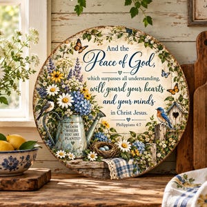 Puede incluir: Un letrero redondo de madera con un arreglo floral en una regadera, una pajarera, mariposas y el texto: And the Peace of God, which surpasses all understanding, will guard your hearts and your minds in Christ Jesus. Philippians 4:7.