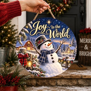 Decorazione per porta "Joy to the World" in formato PNG / Cartello rotondo con ghirlanda e pupazzo di neve natalizio cristiano / Design digitale a sublimazione in stile rustico
