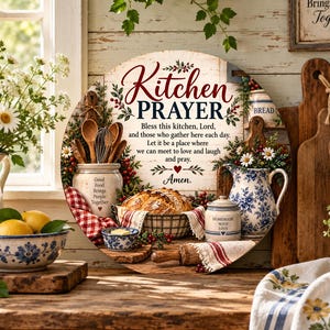 May include: A round wooden wall sign featuring the text Kitchen Prayer, Bless this kitchen, Lord, and gather here each day. Let it be a place where we can meet to love and laugh and pray. Amen. The design includes illustrations of kitchenware.