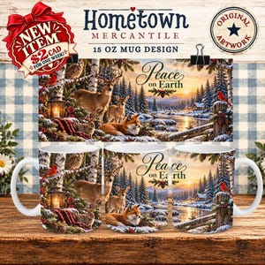 Pode incluir: Uma caneca de cerâmica branca com uma cena de floresta de inverno apresentando um veado, uma raposa, um coelho e uma coruja. O design inclui uma lanterna, árvores cobertas de neve e o texto Peace on Earth. A caneca tem 444 ml de capacidade.