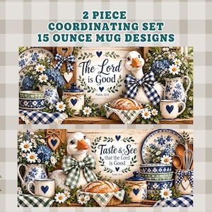 Könnte beinhalten: Ein 2-teiliges Set für 15-Unzen-Tassen mit weißen Gänsen mit karierten Schleifen, blau-weißem Keramikgeschirr mit Blumenmuster und rustikalen Holzschildern mit dem Text The Lord is Good und Taste & See that the Lord is Good.