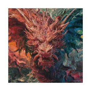 May include: A close-up of a red dragon's face with a textured, brushstroke effect. The dragon's eyes are open and its mouth is slightly open, showing sharp teeth. The background is a swirling mix of blue, green, and orange.