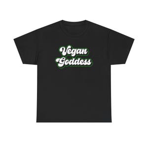 May include: Black t-shirt with the words "Vegan Goddess" in a white, retro font with a green outline. The shirt is made of a soft material and has a classic crew neck.