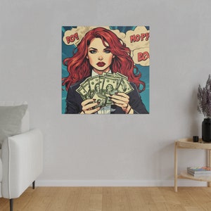 Red hair Woman with Money Comic book style  GTA Style art Matte Canvas, Stretched, 0.75&quot;