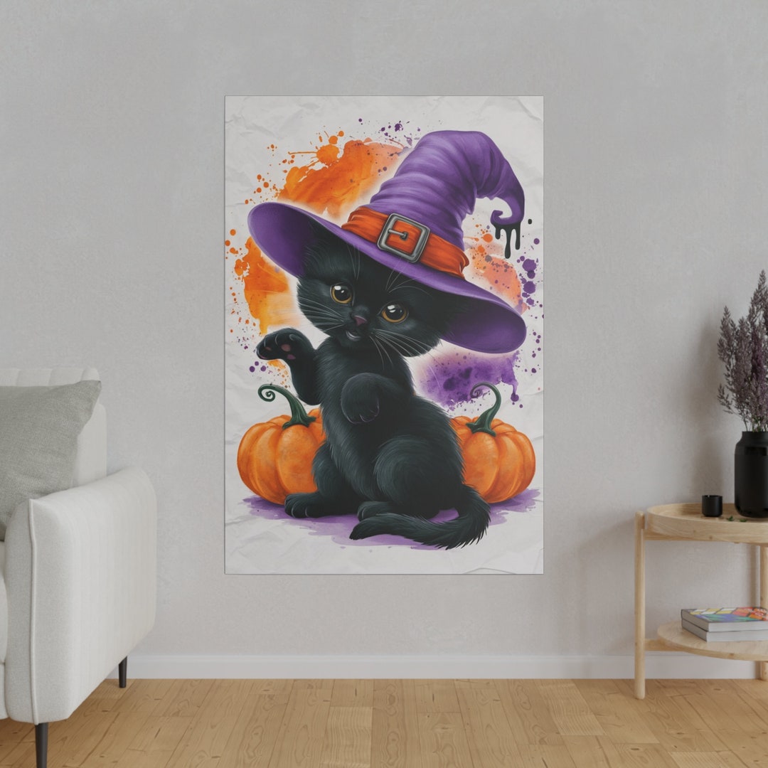 Black Halloween Cat With Witch Hat and Pumpkins Matte Canvas, Stretched ...