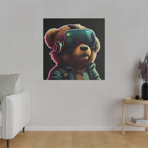 May include: A brown teddy bear wearing a black virtual reality headset with blue and red accents. The bear is wearing a green and blue jacket and has a black background.