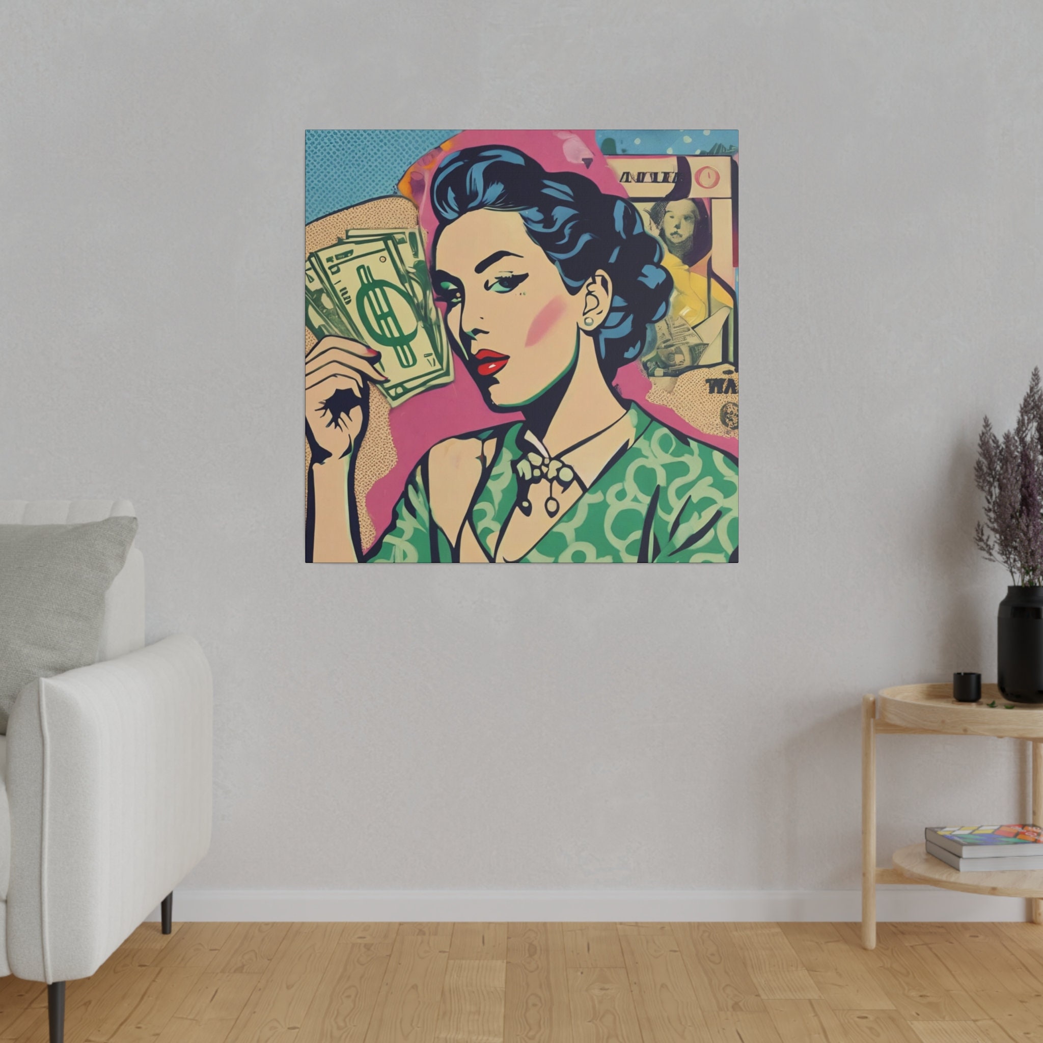 Woman with Money Comic book style  GTA Style art Matte Canvas, Stretched, 0.75"