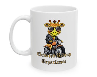 Elevated Riding Experience, Giraffe Riding a Motorcycle Ceramic Mug, 11oz