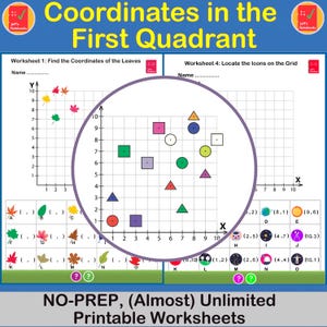 May include: Educational math worksheets titled Coordinates in the First Quadrant featuring grids with leaves and geometric shapes. The worksheets include coordinate planes with X and Y axes numbered 1 to 10 and blank spaces for answers.